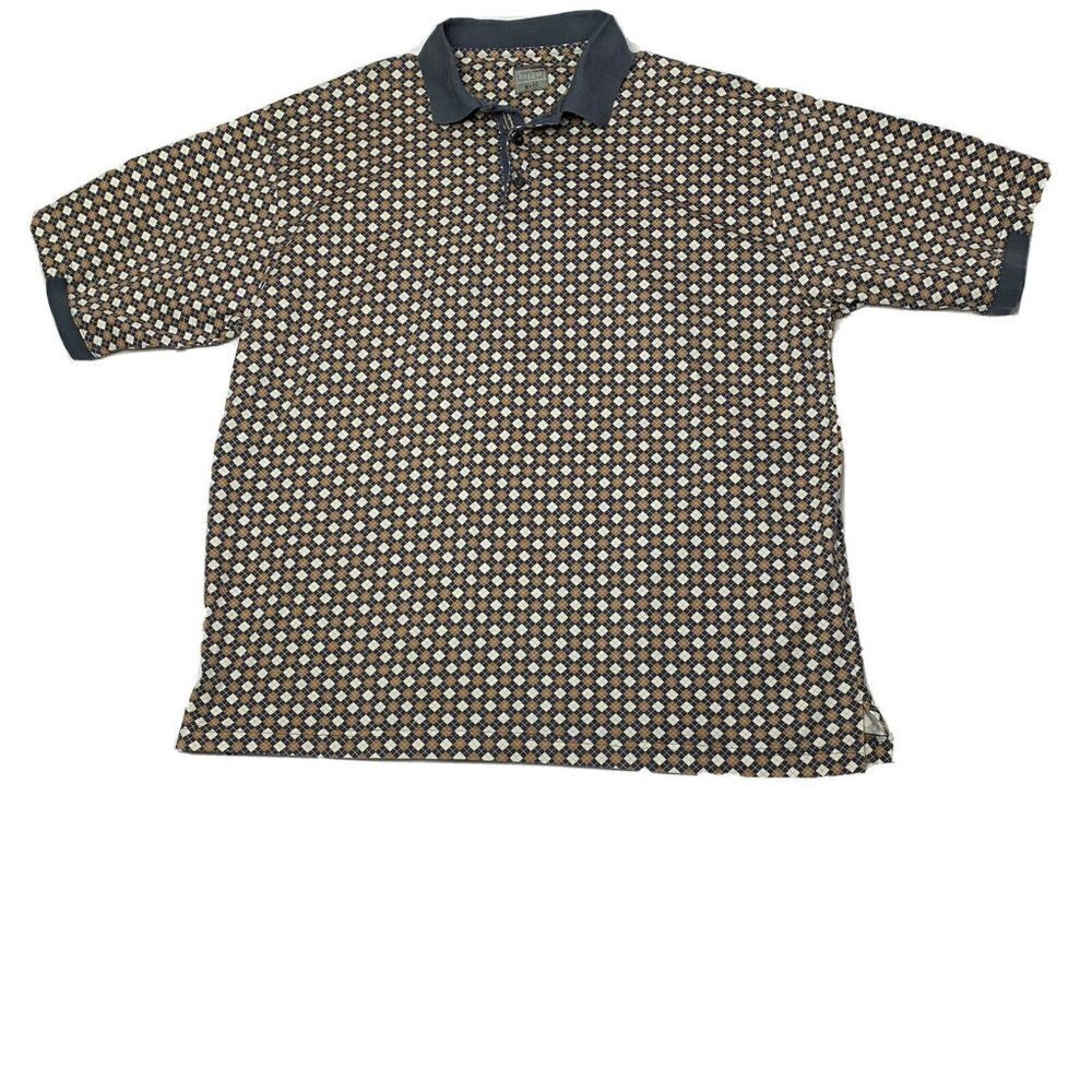 Haggar Golf Polo XL Shirt Brown Blue Diamond Pattern Short Sleeve Geometric